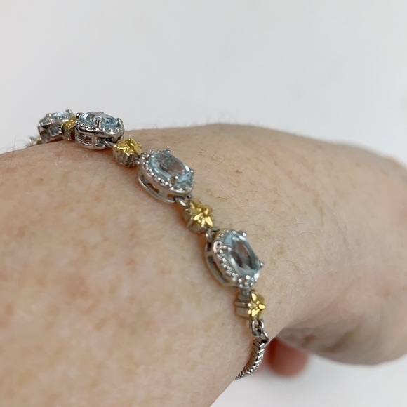 Blue CZ topaz, gold plated silver chain bracelet - Picture 2 of 4